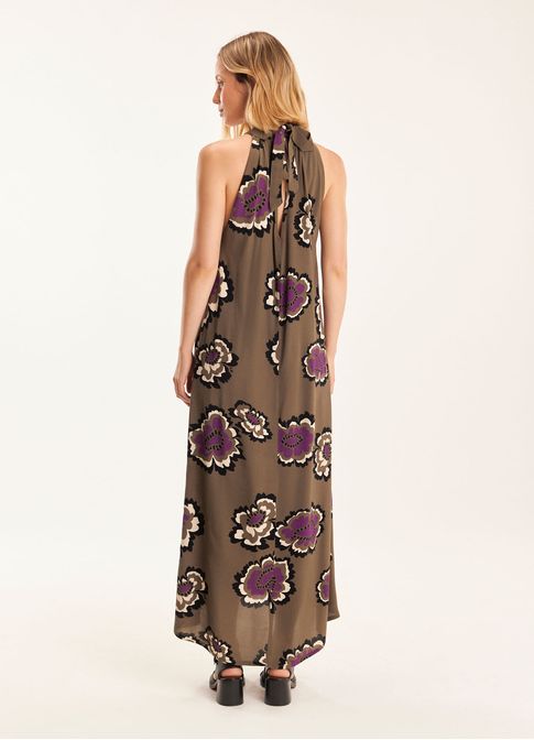 Vestido crepe gola faixa estampado carmem