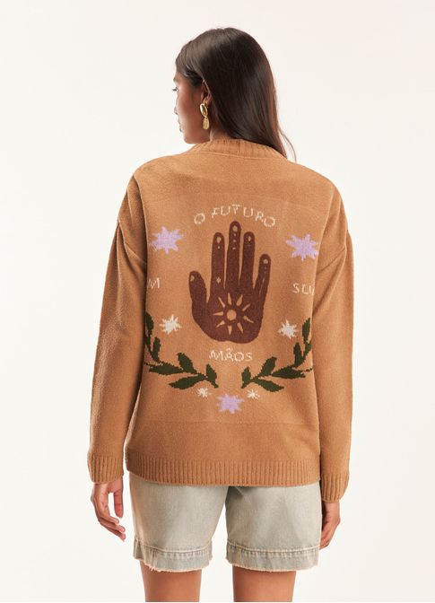 Cardigan jacquard em suas mãos caqui