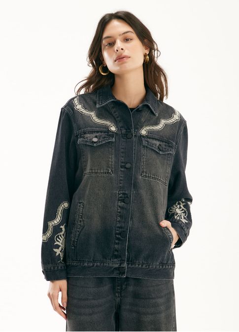 Jaqueta jeans bordado western preto