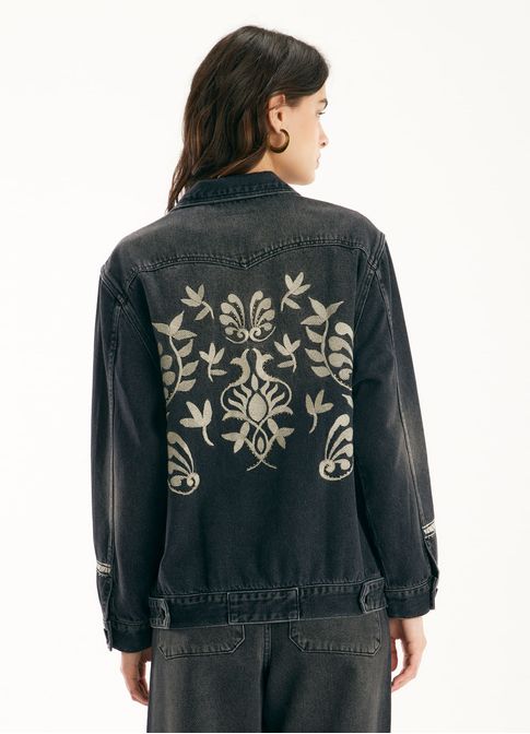 Jaqueta jeans bordado western preto