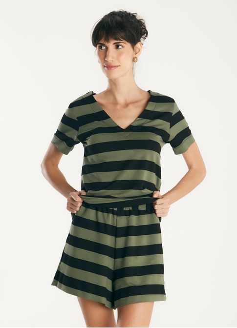 Blusa malha listras gola v preto