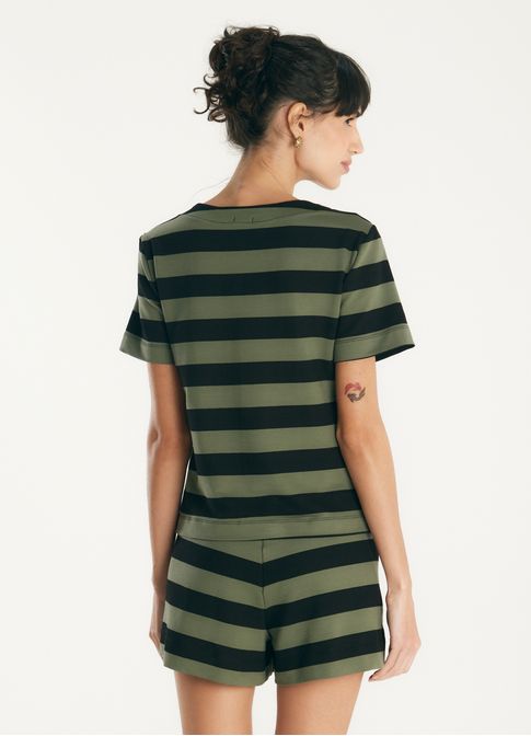 Blusa malha listras gola v preto