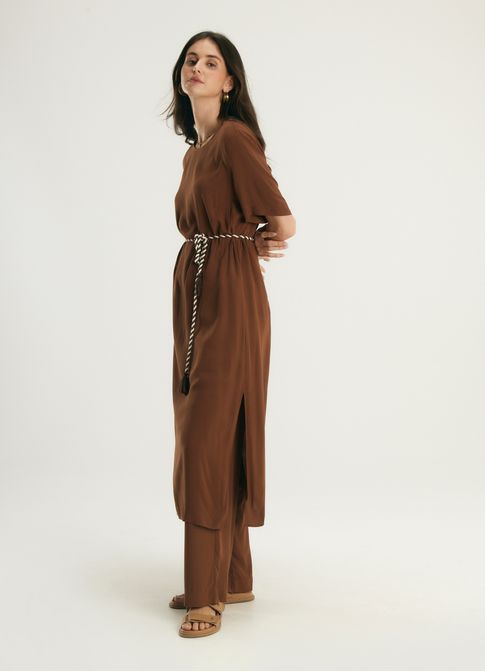 Vestido fendas viscose caminhos marrom