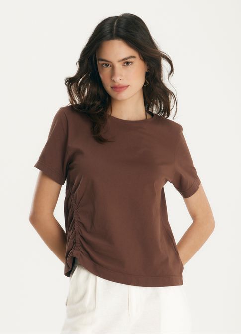 Blusa algodao detalhe franzido marrom