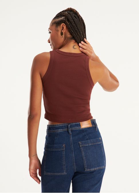 Cropped rib com elastano bordado pimenta marrom