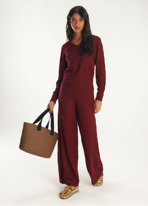 Calça pantalona tricô vinho
