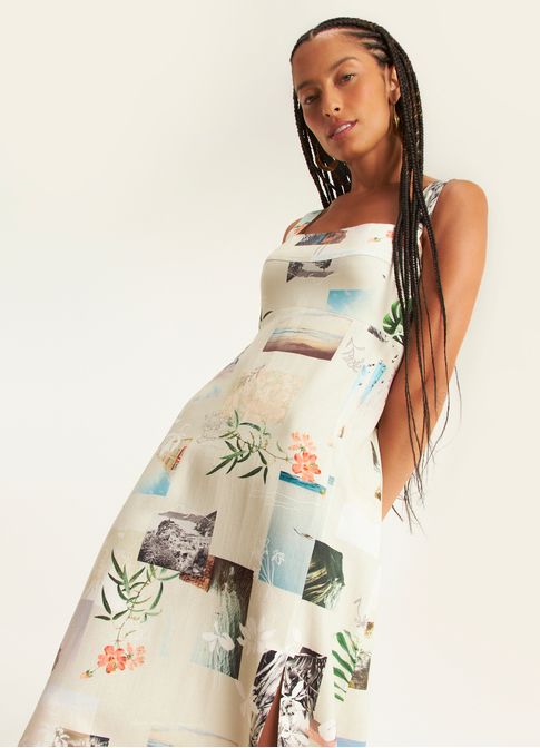 Vestido linho estampado álbum lab