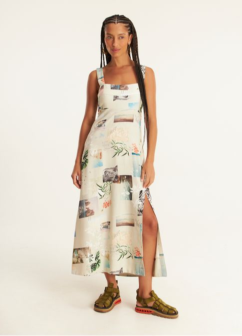 Vestido linho estampado álbum lab
