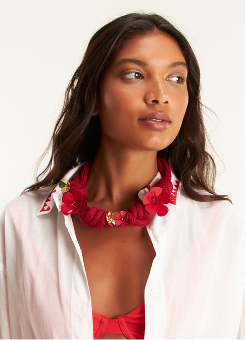 Colar corda maxi flor vermelho