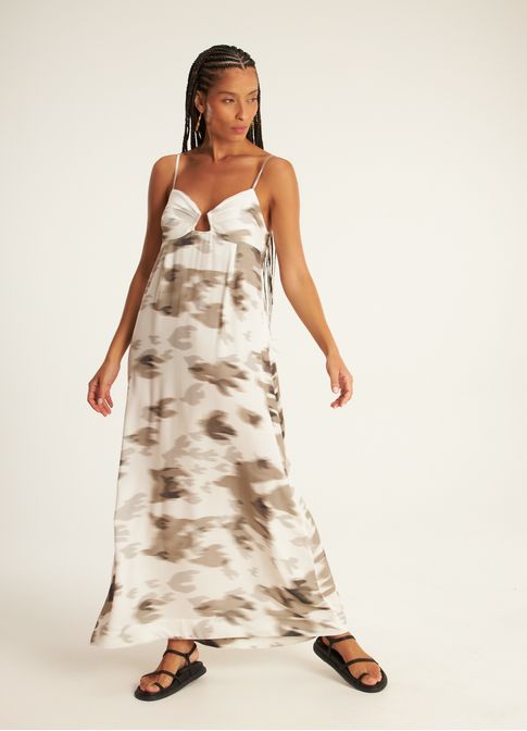 Vestido decote estampado voa