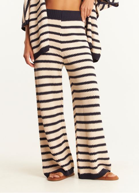 Calça pantalona tricô listras lab