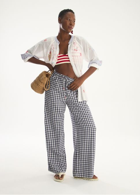 Calça padrão vichy amassadinho azul marinho