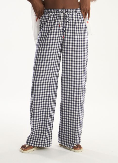 Calça padrão vichy amassadinho azul marinho