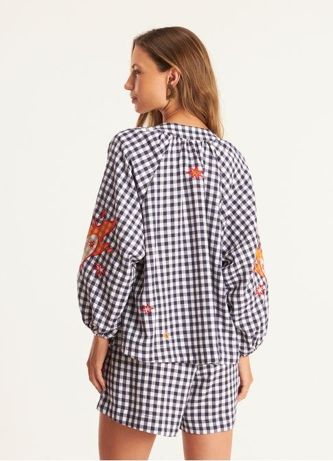 Bata padrão vichy amassadinho bordada azul marinho