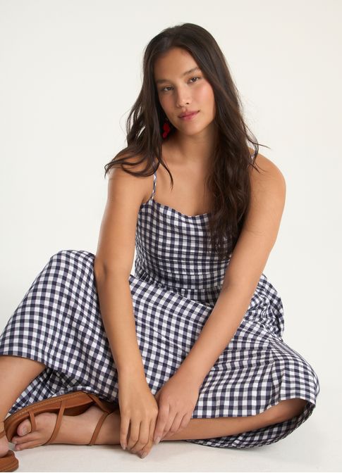 Vestido alça padrão vichy amassadinho azul marinho