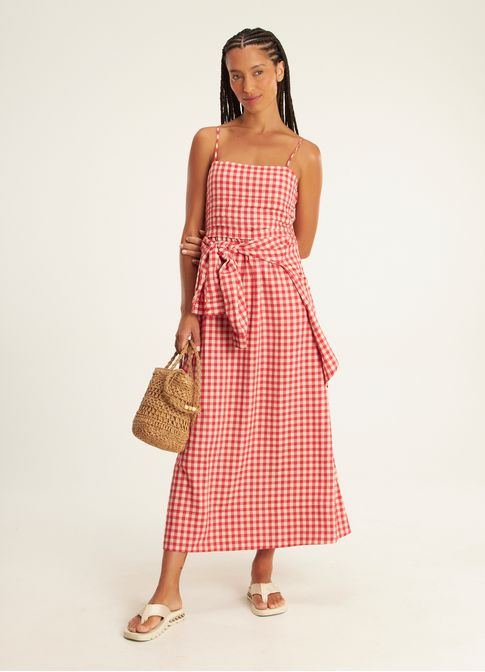 Vestido alça padrão vichy amassadinho vermelho