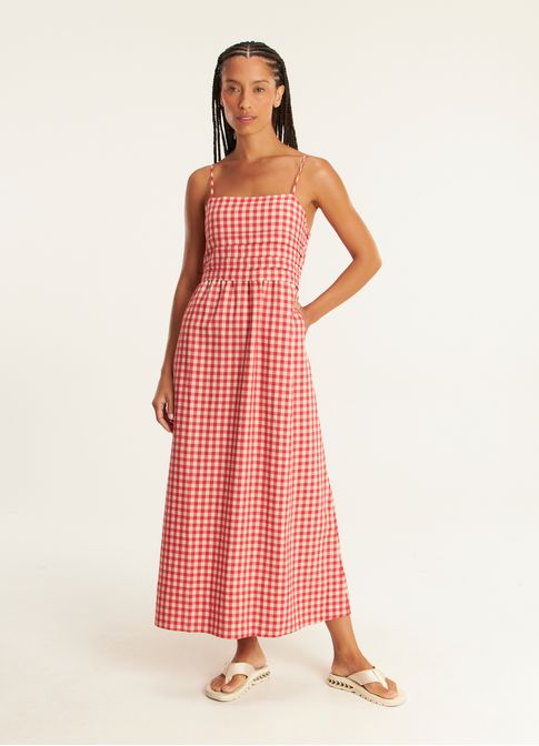 Vestido alça padrão vichy amassadinho vermelho