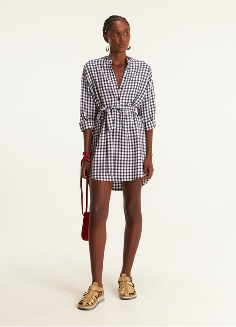 Vestido chemisier padrão vichy amassadinho azul marinho