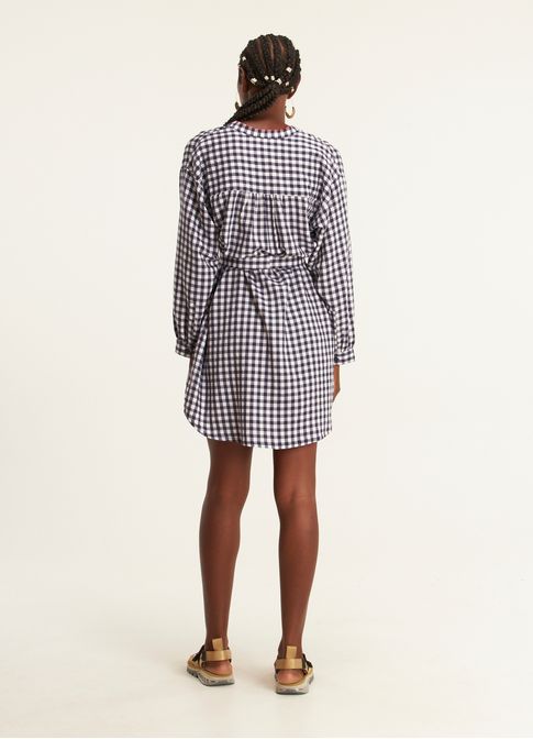 Vestido chemisier padrão vichy amassadinho azul marinho