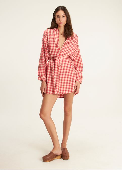 Vestido chemisier padrão vichy amassadinho vermelho