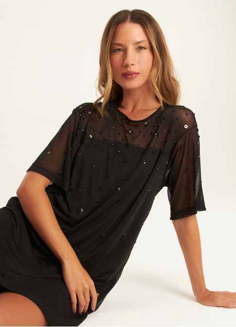 Vestido tule curto brilhos preto
