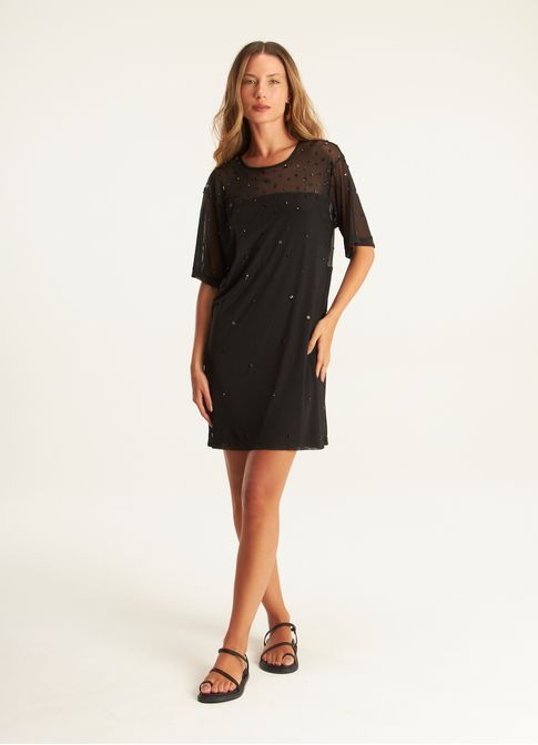 Vestido tule curto brilhos preto