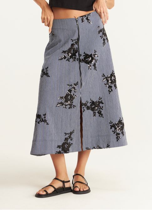 Saia listra bordado floral paete