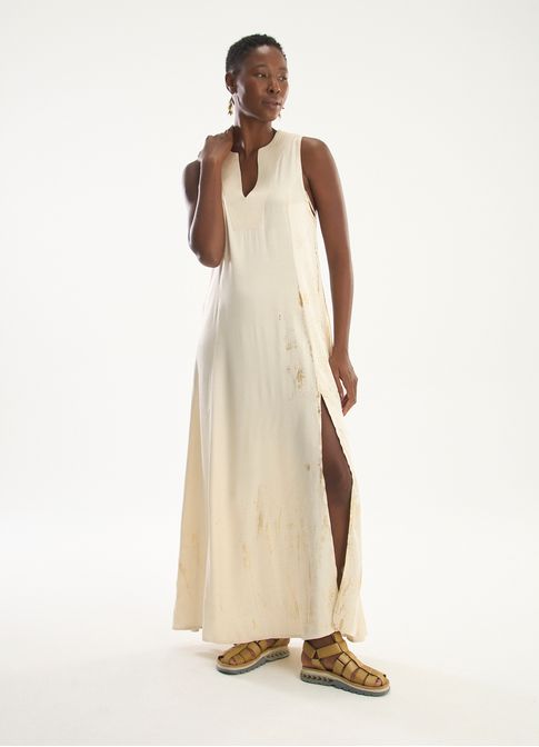 Vestido viscose acetinada glow foil areia