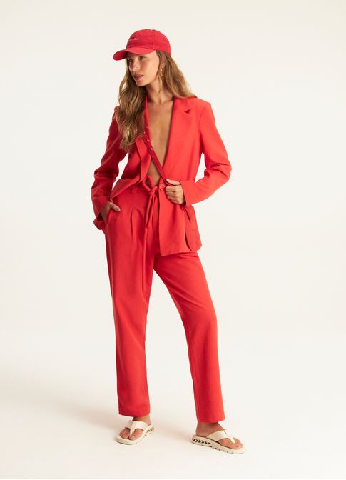 Calça pregas linho alfaiataria vermelho
