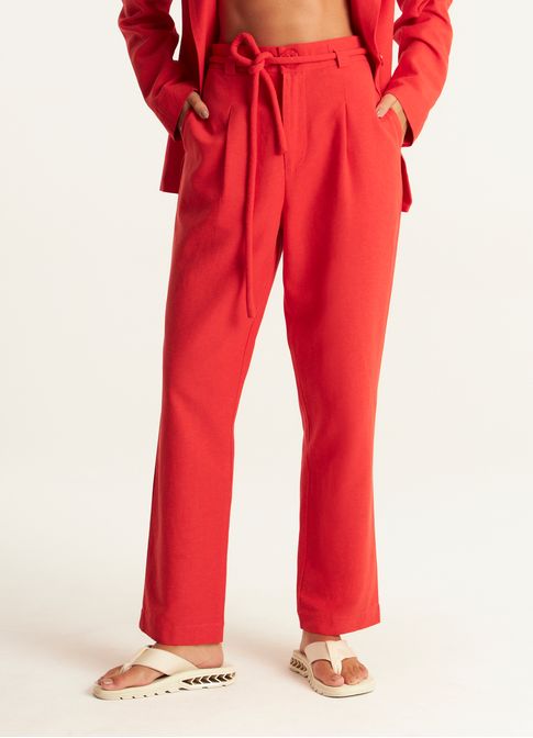 Calça pregas linho alfaiataria vermelho