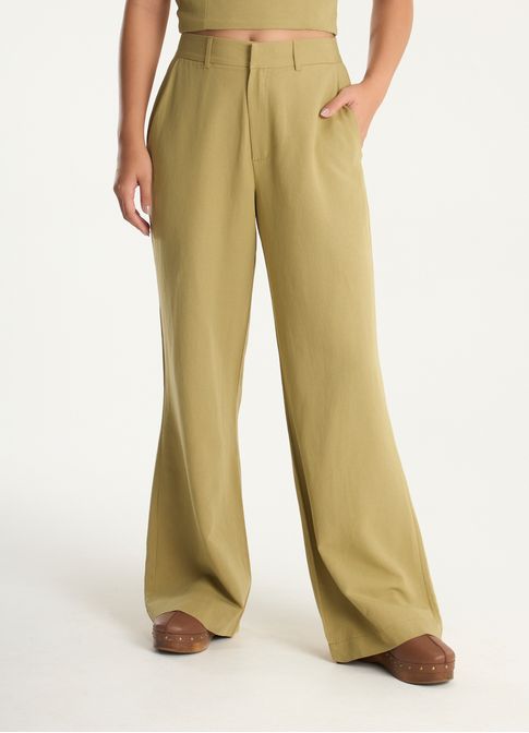 Calça pantalona linho alfaiataria caqui