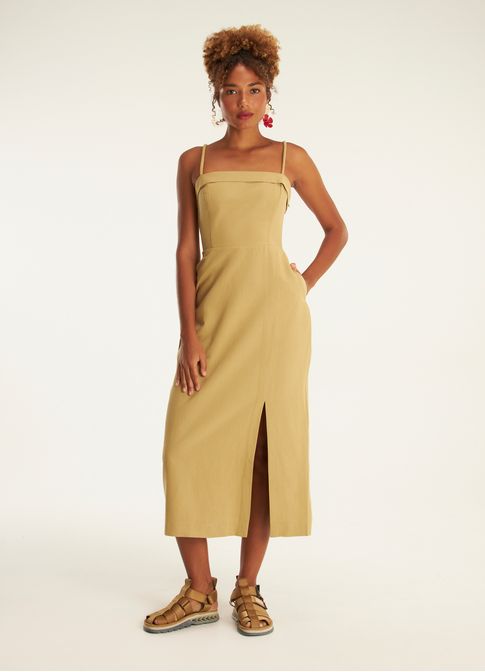 Vestido alça linho alfaiataria caqui