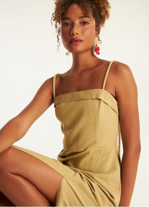 Vestido alça linho alfaiataria caqui