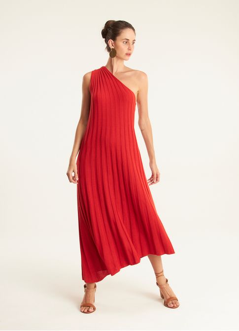 Vestido tricot plissado assimétrico vermelho