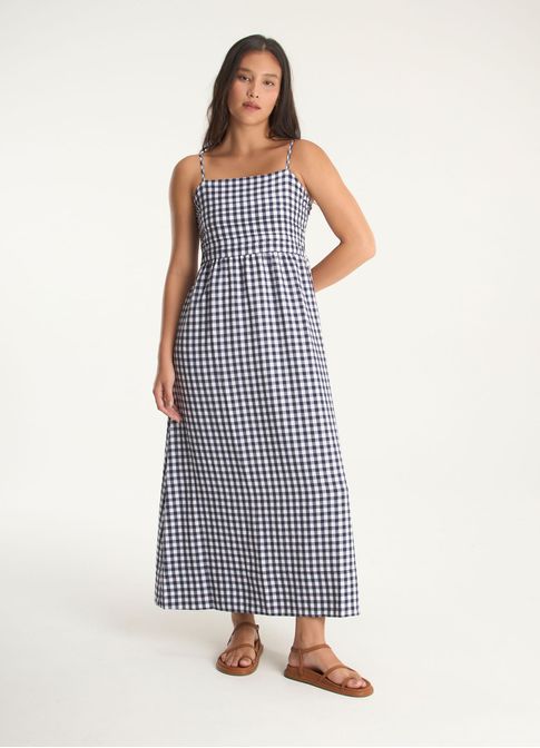 Vestido alça padrão vichy amassadinho azul marinho