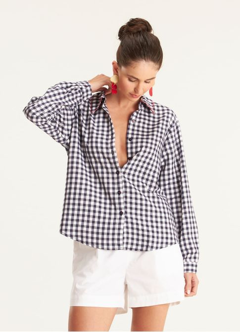 Camisa padrão vichy amassadinho azul marinho