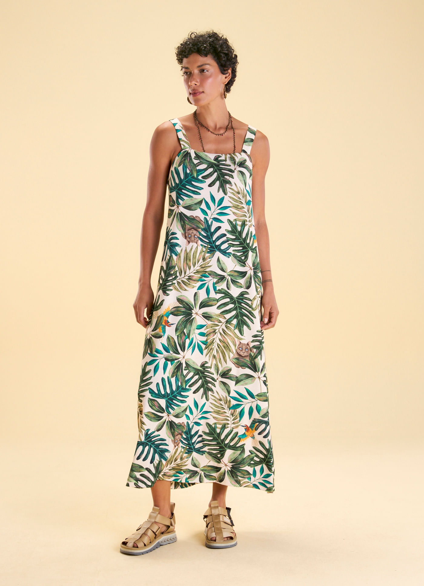 Vestido alça malha estampado jardim tropical off white