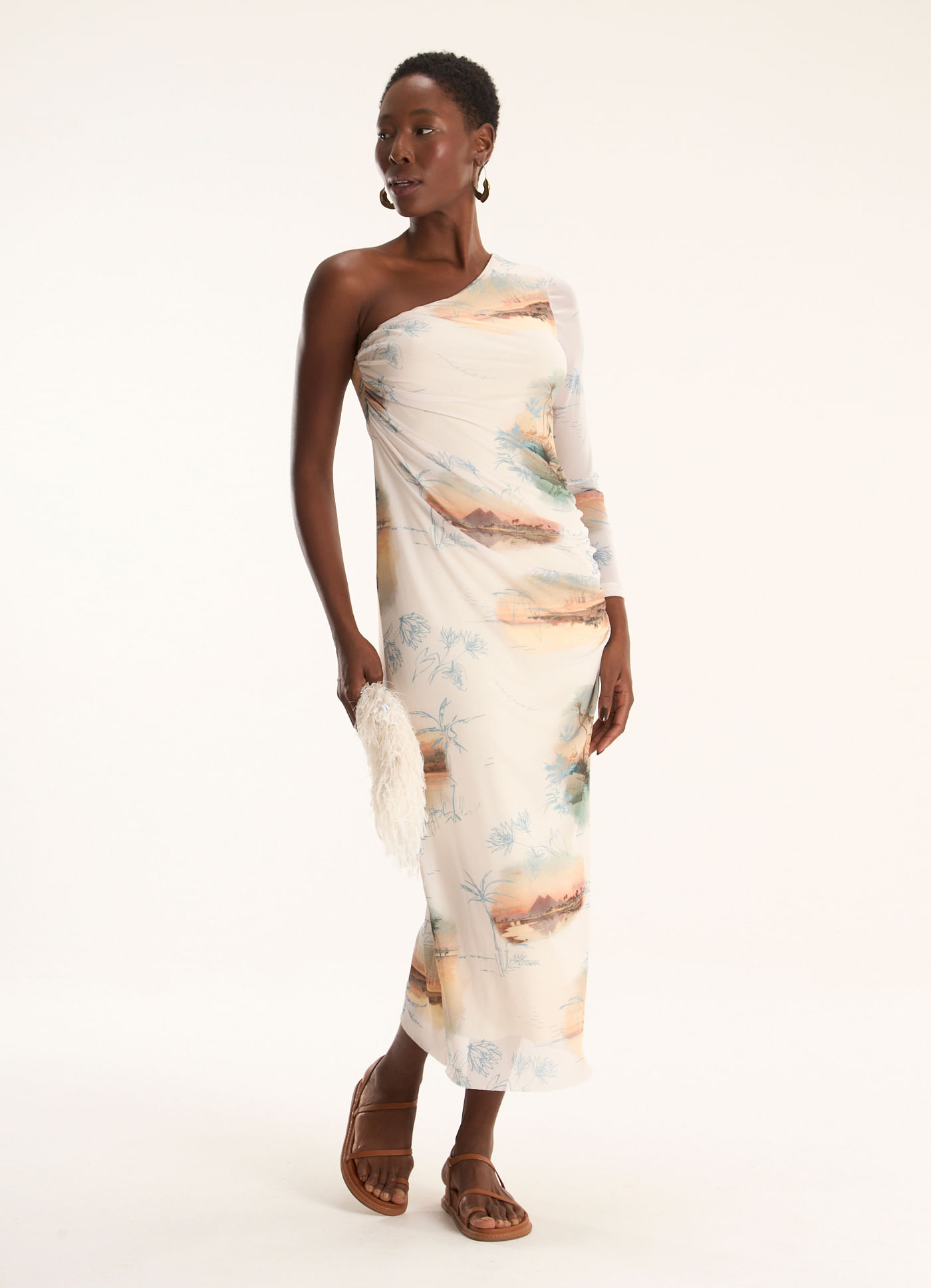 Vestido ombro só tule estampado areal lab