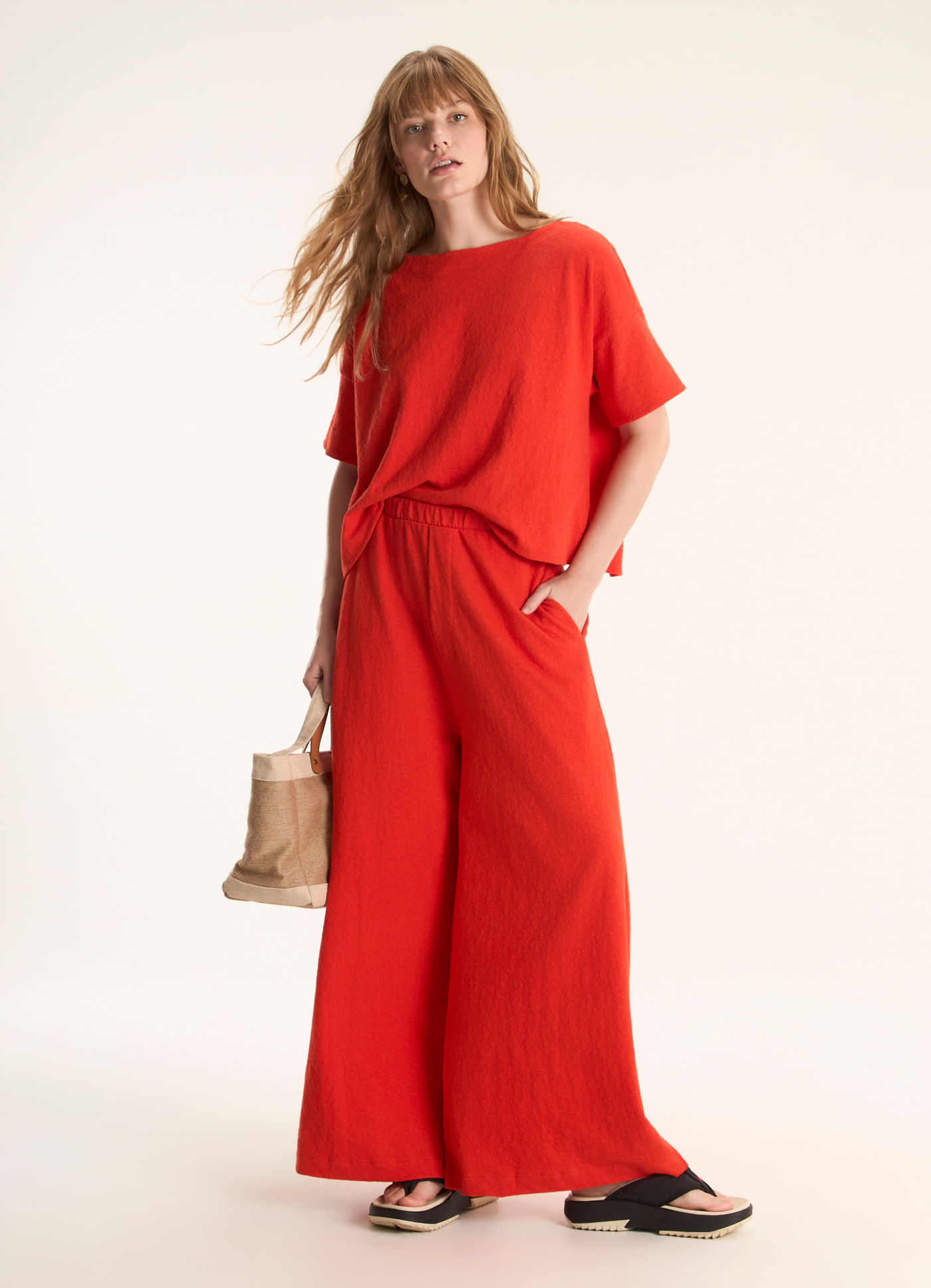 Calça pantalona malha crepe flamê vermelho