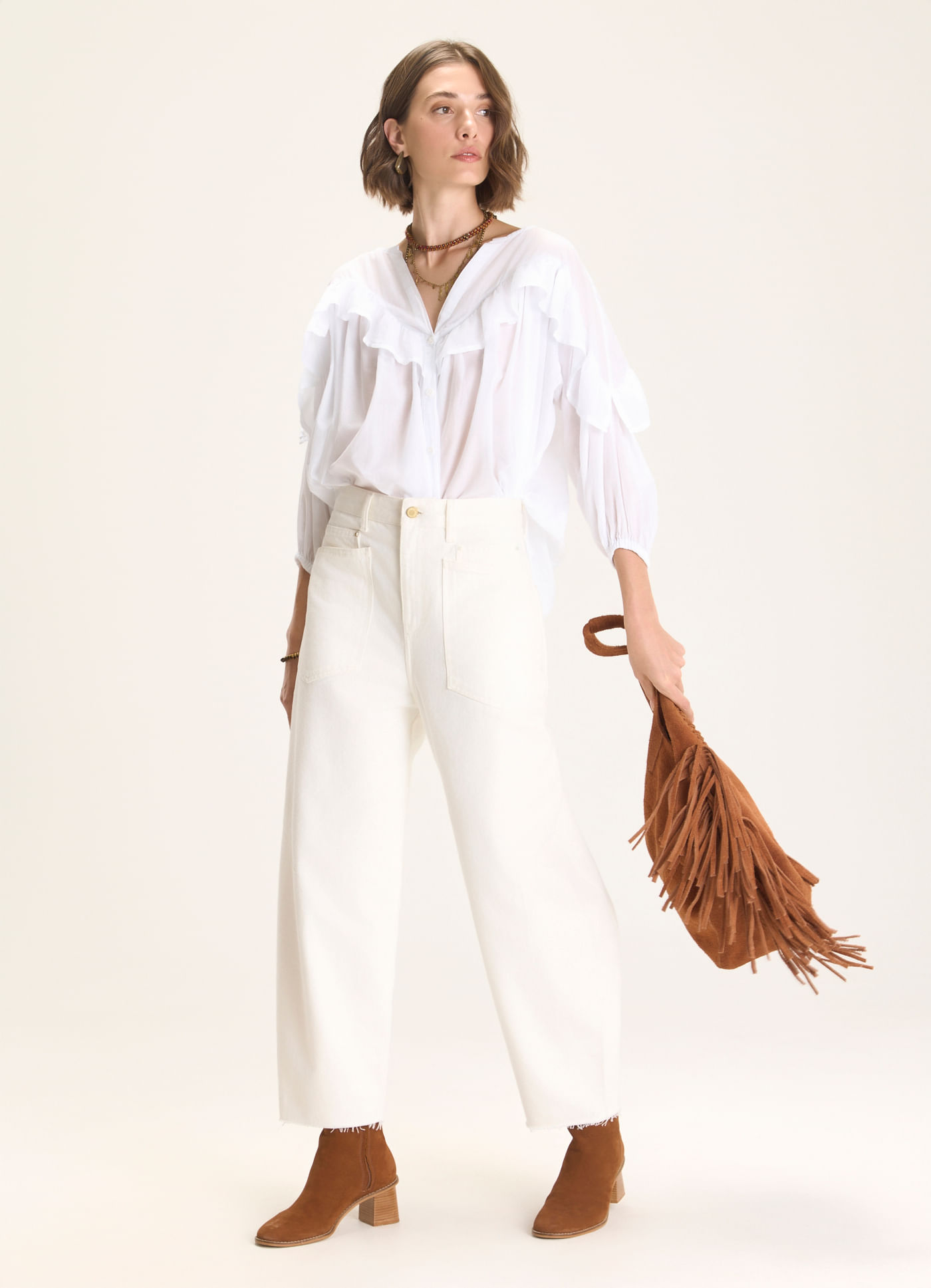 Calça sarja barrel branco