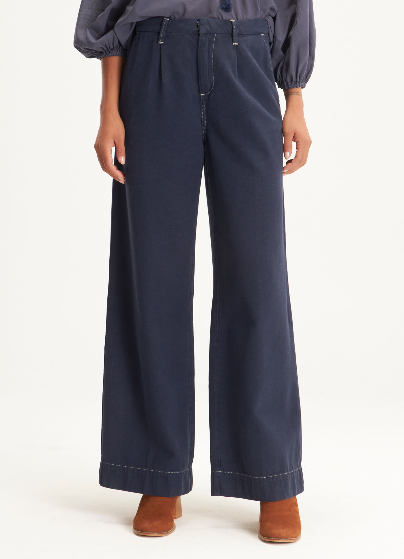 Calça sarja reta alfaiataria linho azul marinho