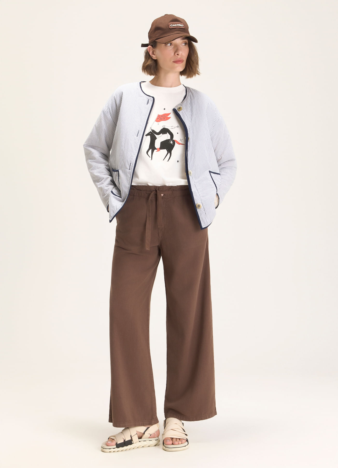 Calça sarja clochard linho relax marrom