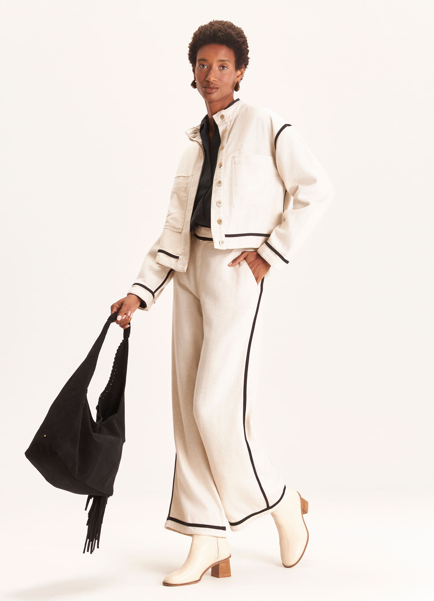 Calca sarja i wide leg linho off white