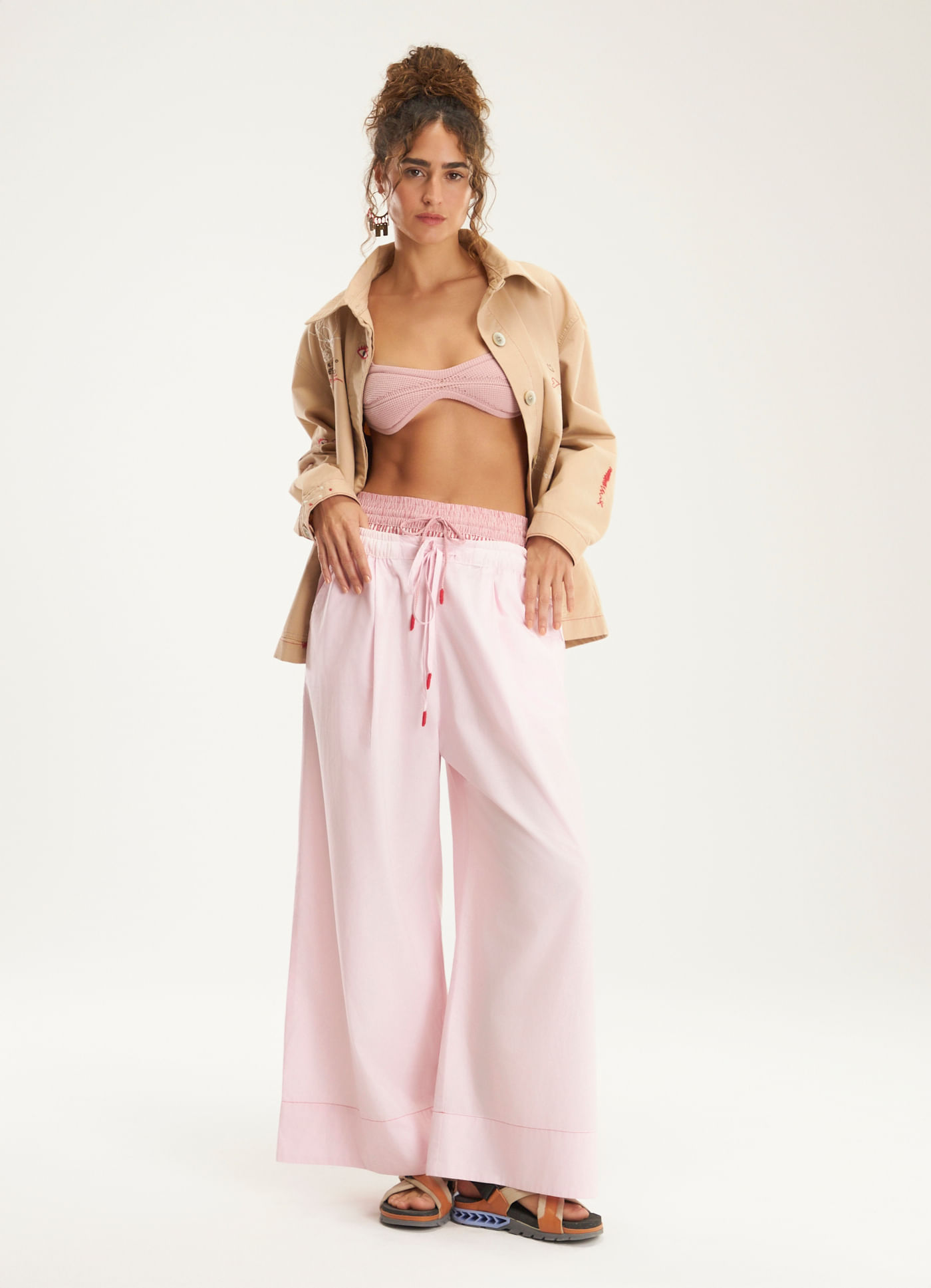 Calça maxi algodão tricoline rosa