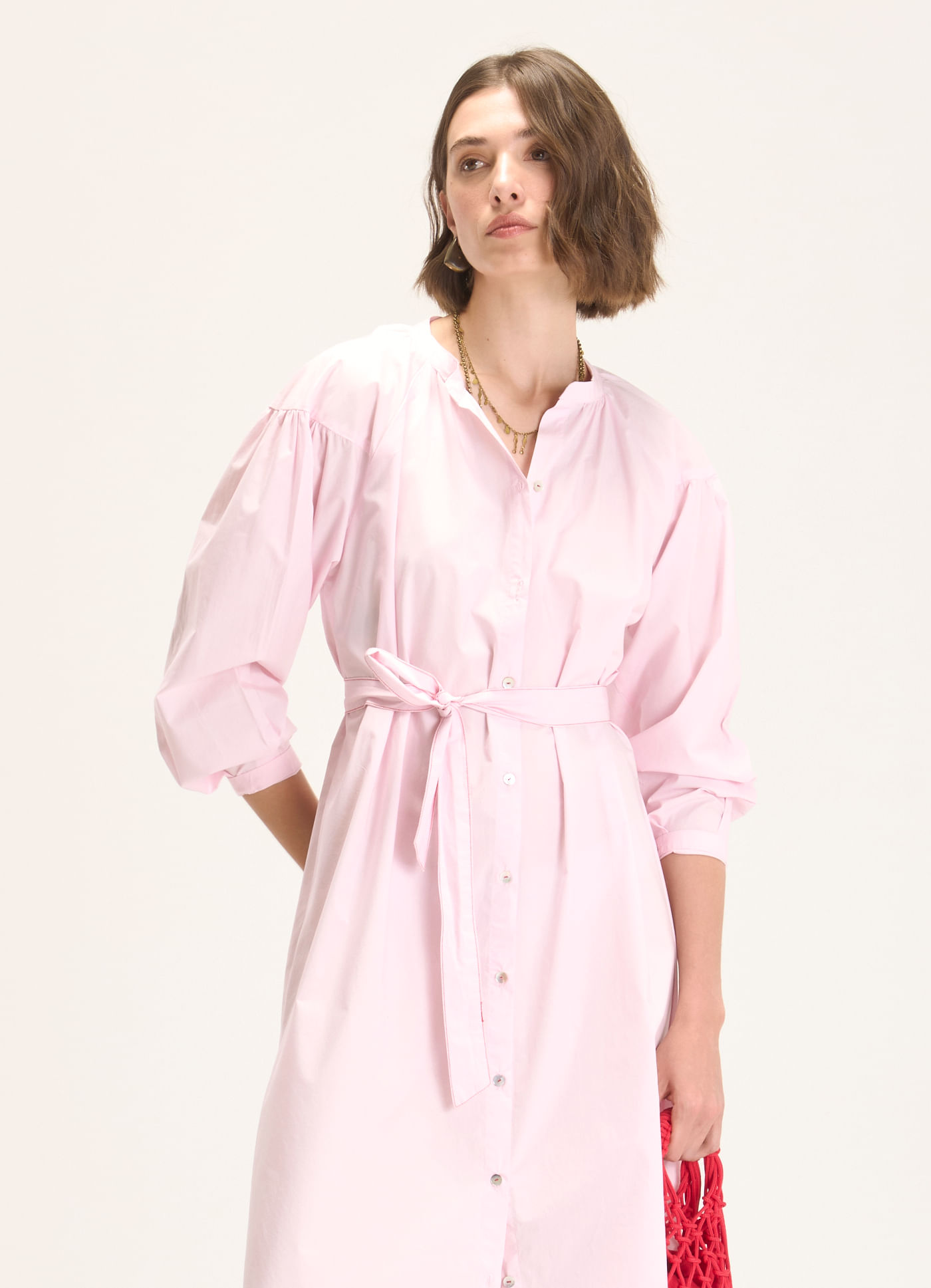 Vestido chemisier algodão tricoline rosa