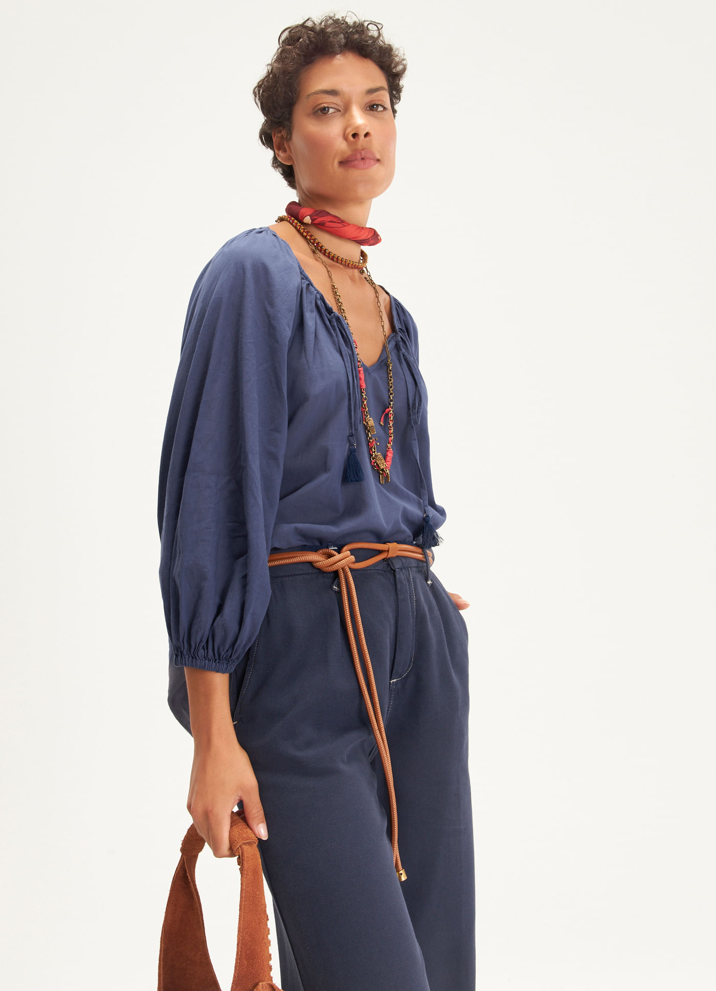 Bata voil manga longa azul marinho