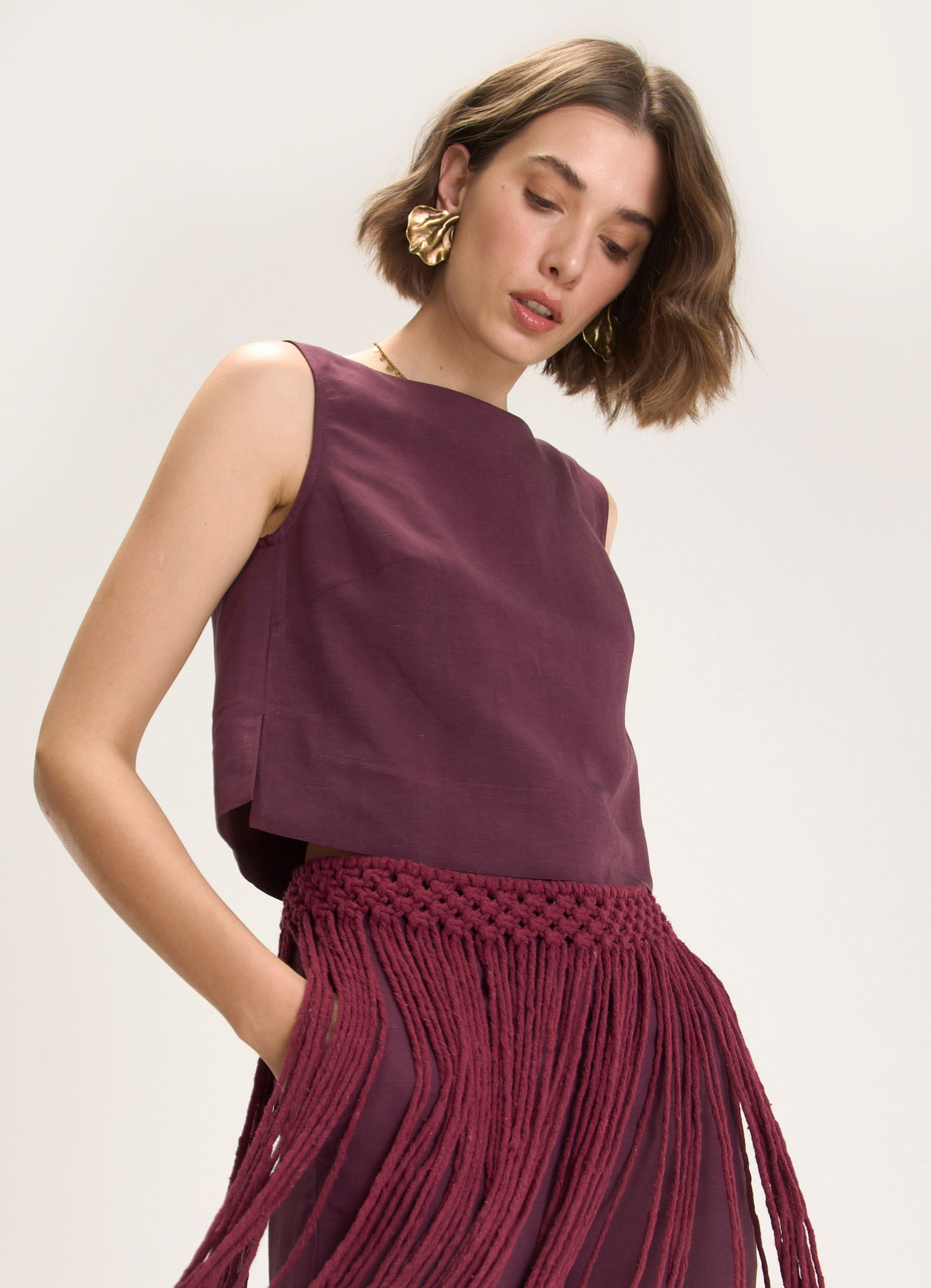 Regata shell linho alfaiataria olhar roxo