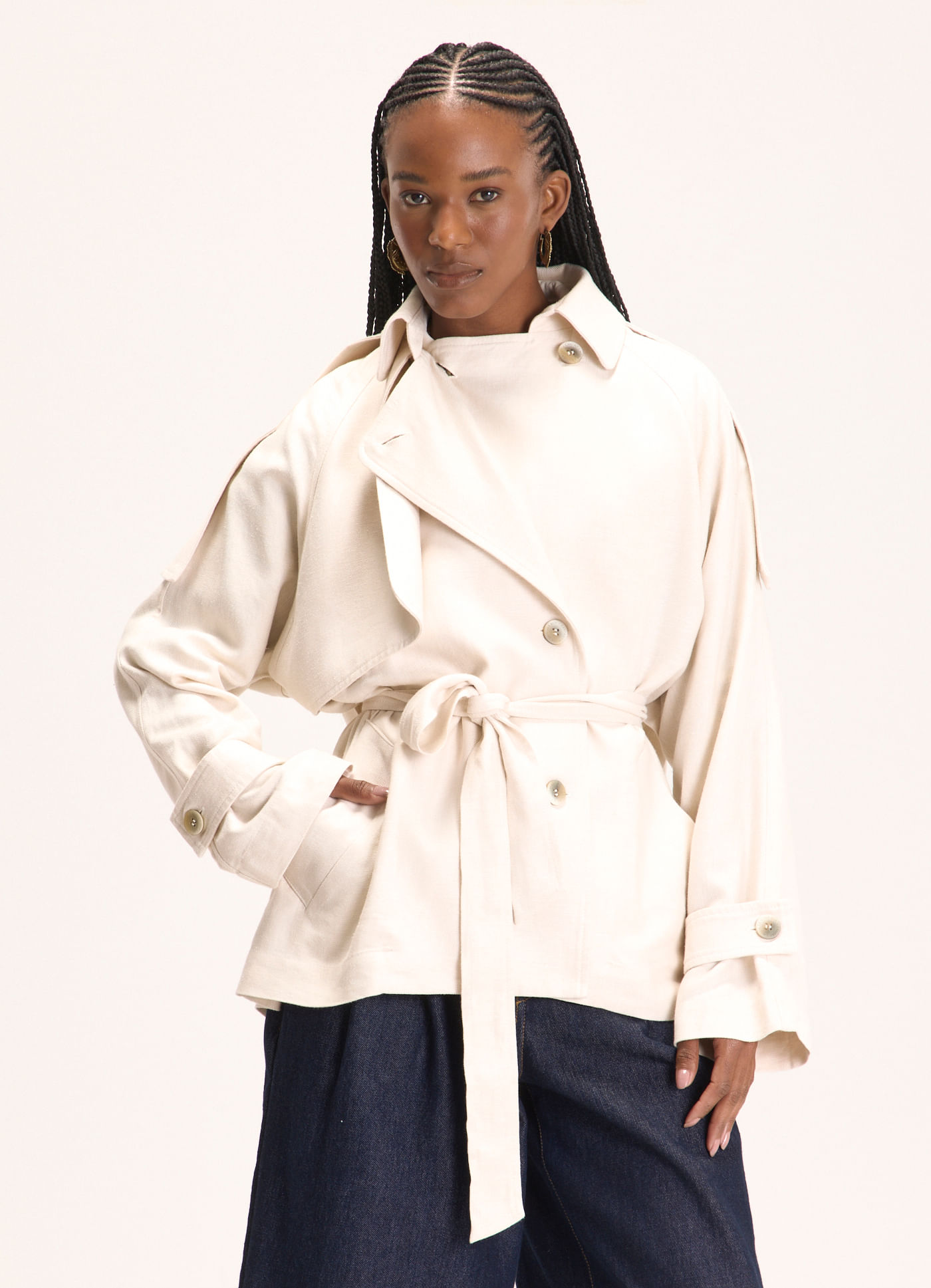 Casaco trench coat linho textura off white