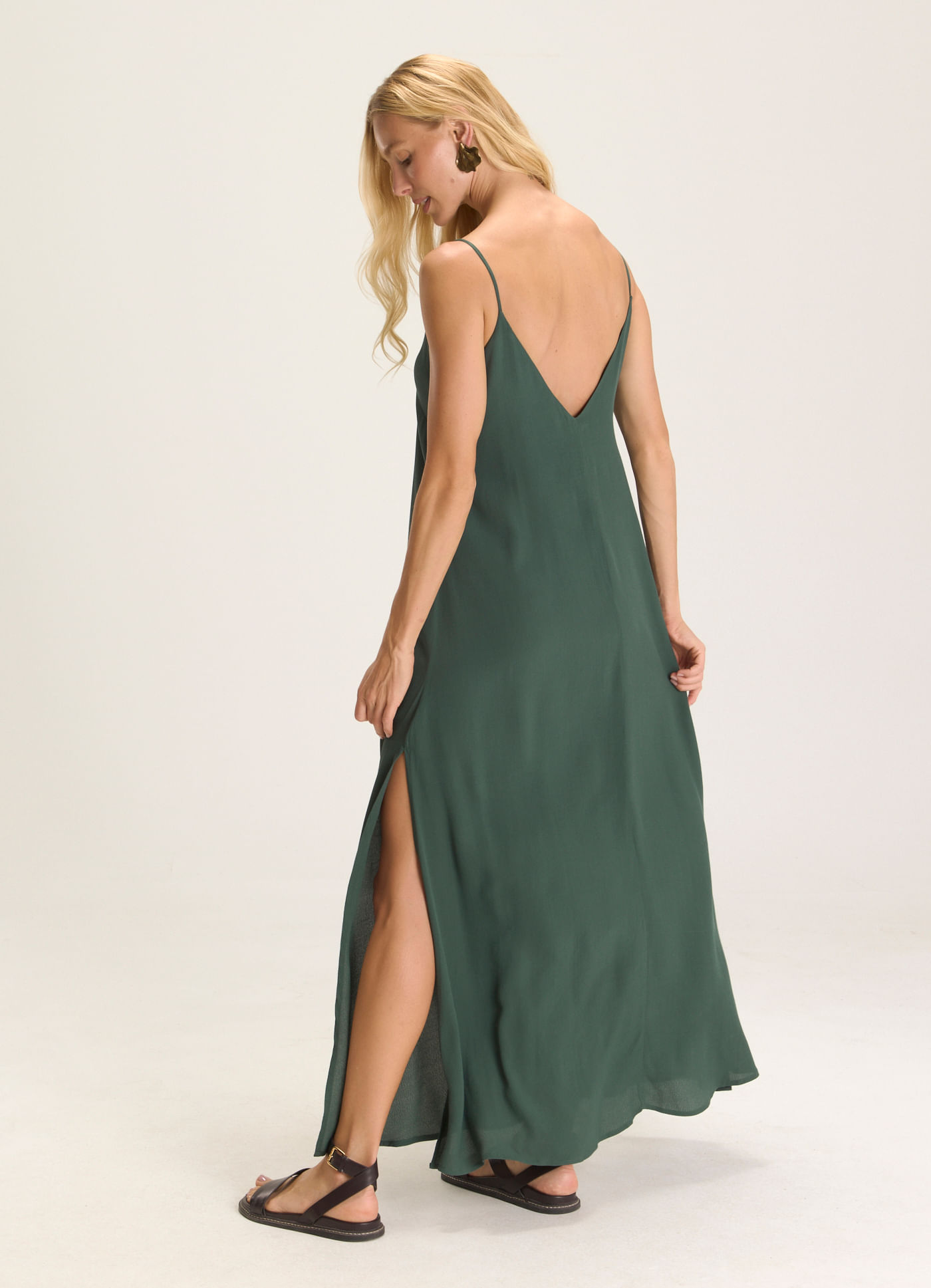 Vestido alcinha crepe leve verde escuro