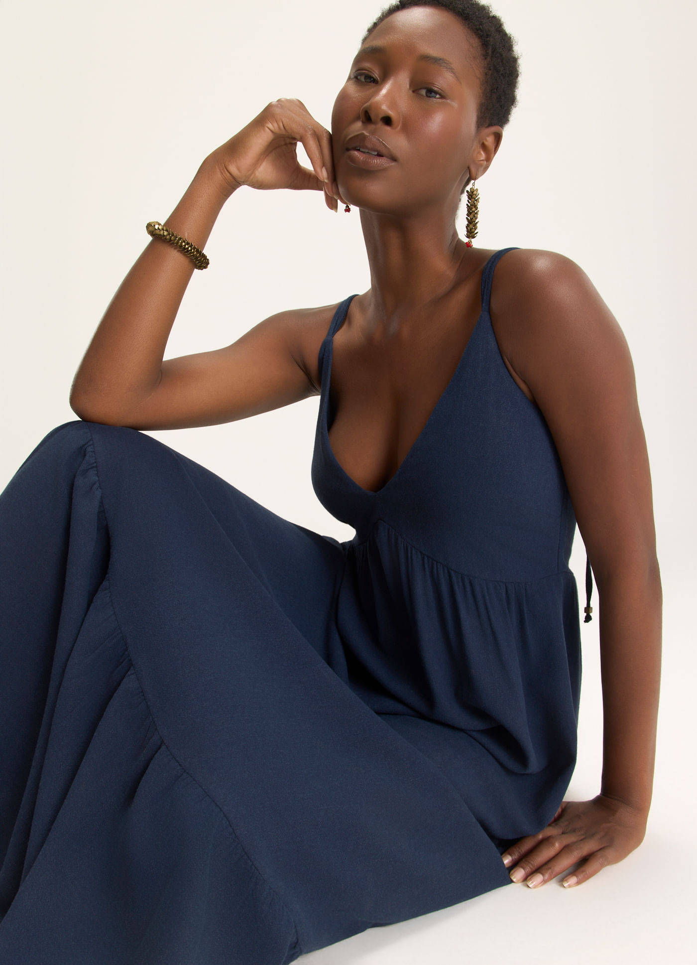 Vestido longo linho soft azul marinho